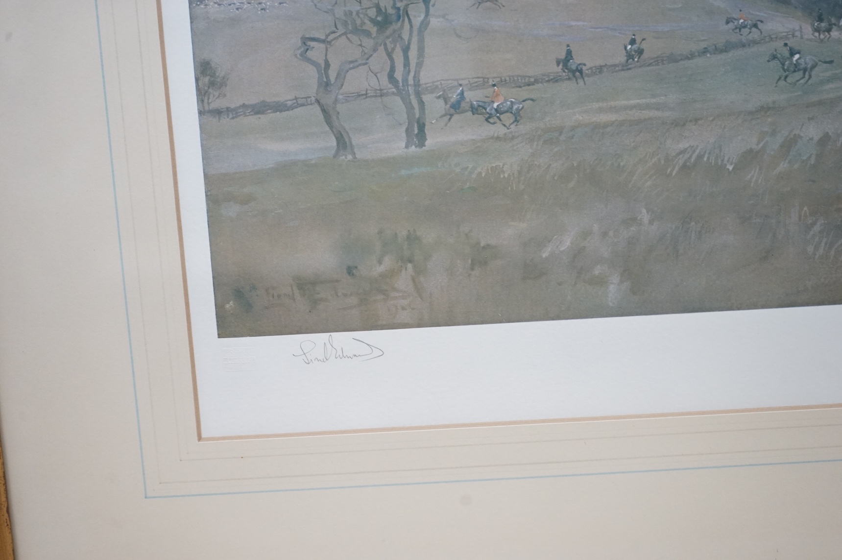 After Lionel Edwards (1878-1966), two hunting scenes with horses and hounds, one signed in pencil to the mount and Fine Art Trade Guild blind stamped, published by Eyre & Spottiswoode Ltd., colour prints, largest 38 x 51